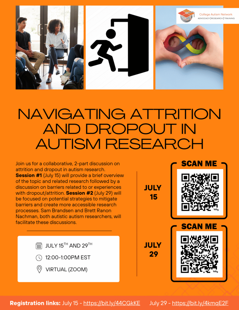 Navigating Attrition and Dropout in Autism Research July 15th and 29th 12-1 p.m. Zoom
